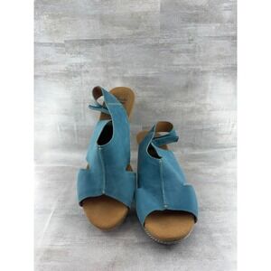 Clarks Teal Blue Nubuck Leather Cork Wedge Sandals Peep Toe Women Sz 11 M